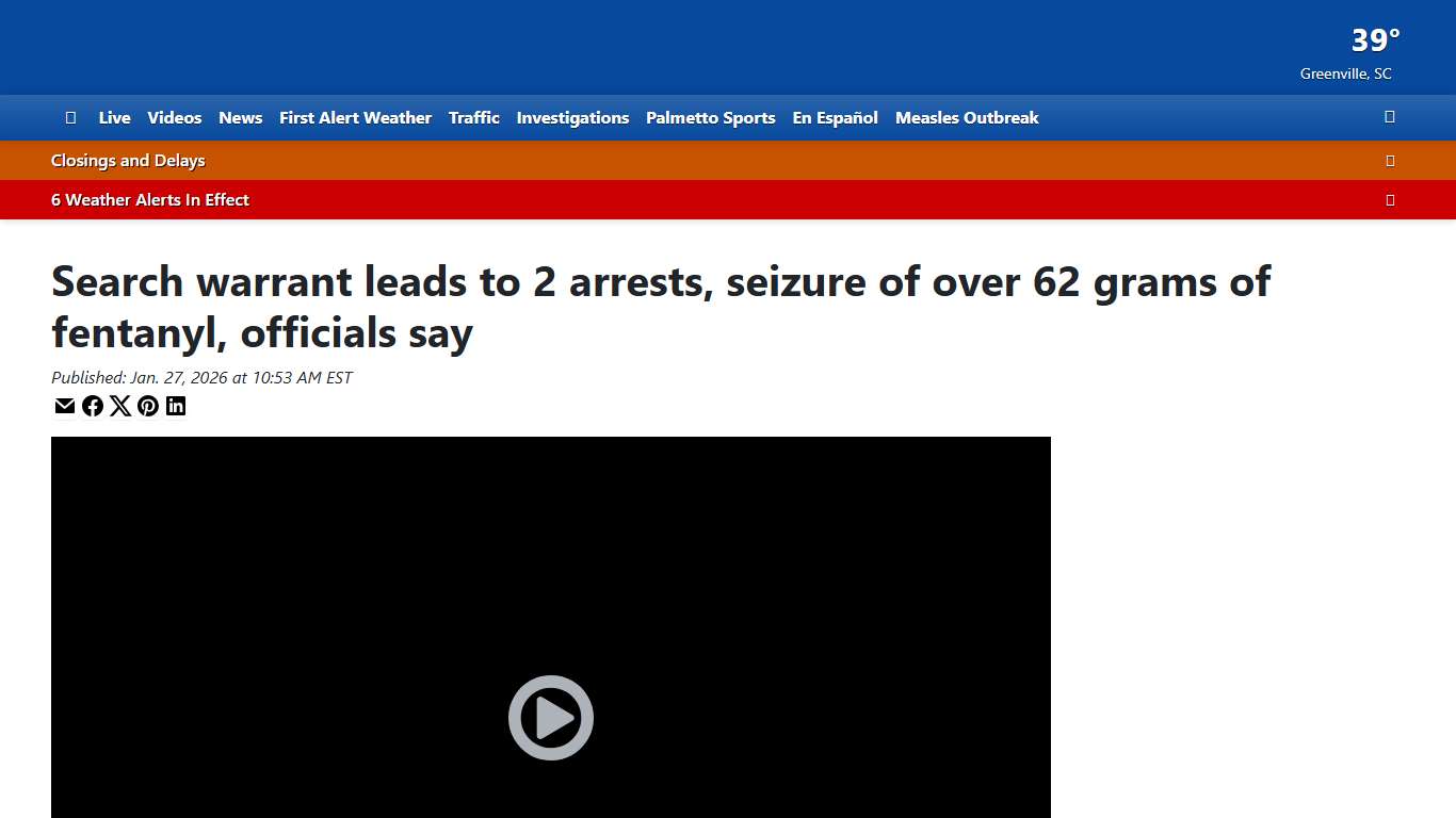 Search warrant leads to 2 arrests, seizure of over 62 grams of fentanyl, officials say